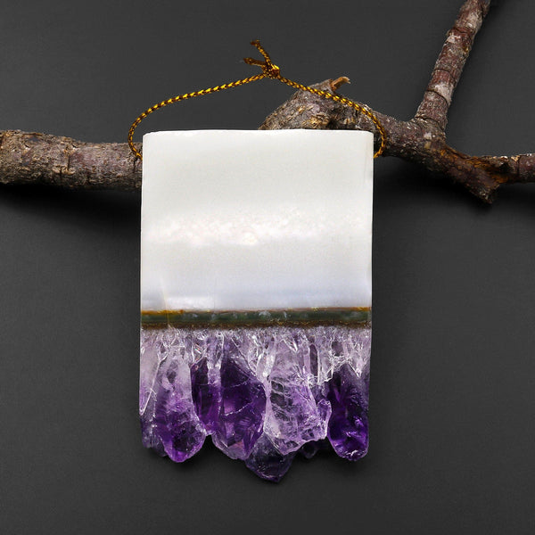 Large Natural White Purple Amethyst Stalactite Rectangle Pendant Flat Slice Side Drilled Freeform Crystal A1