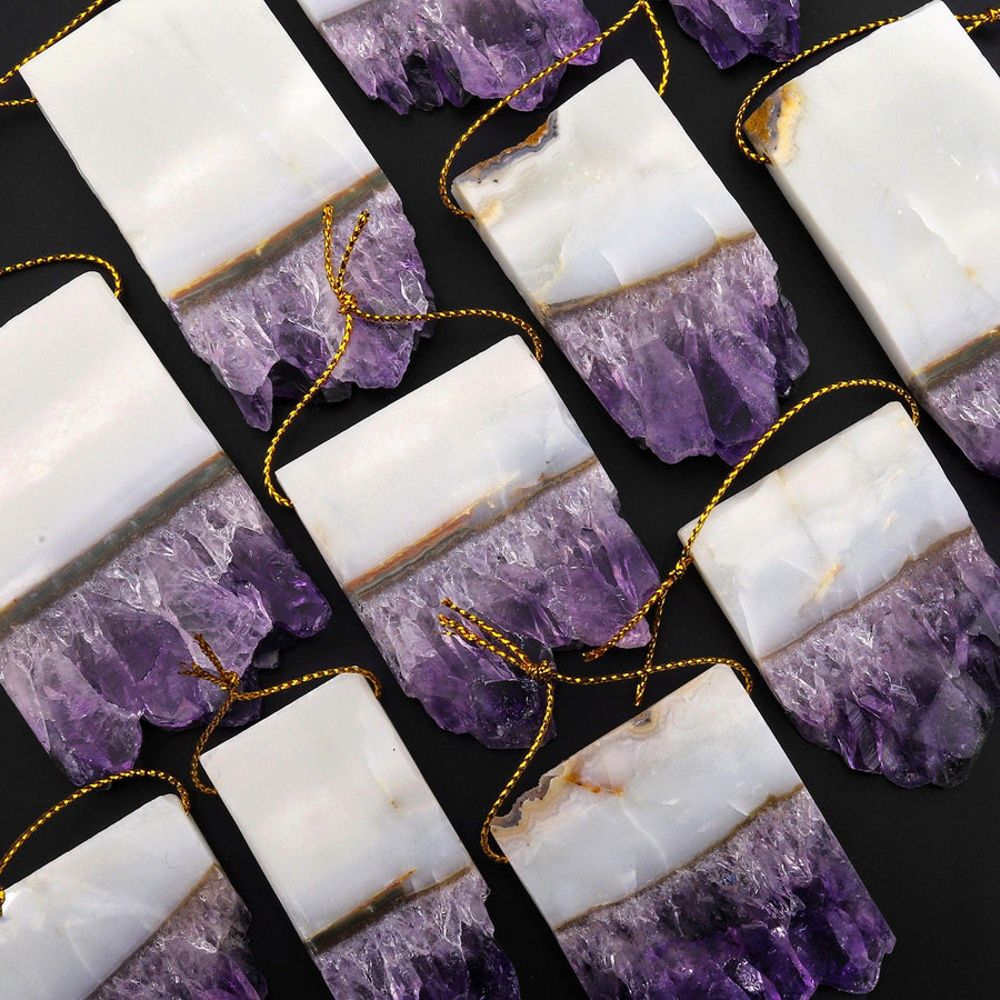 Large Natural White Purple Amethyst Stalactite Rectangle Pendant Flat Slice Side Drilled Freeform Crystal