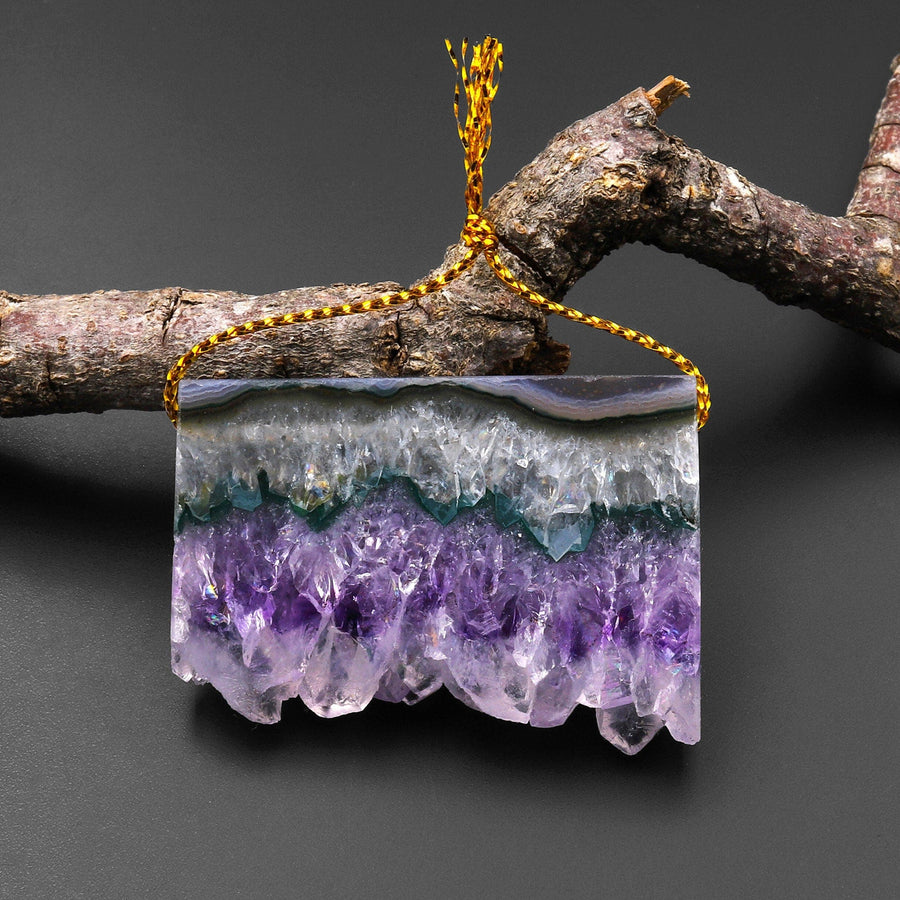 Ocean Wave Natural Green Purple Amethyst Stalactite Rectangle Pendant Flat Slice Side Drilled Freeform Crystal P0230