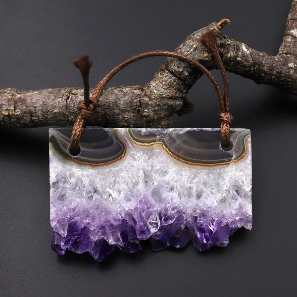 Natural Purple Amethyst Stalactite Rectangle Pendant Flat Slice Side Drilled Freeform Crystal P0231