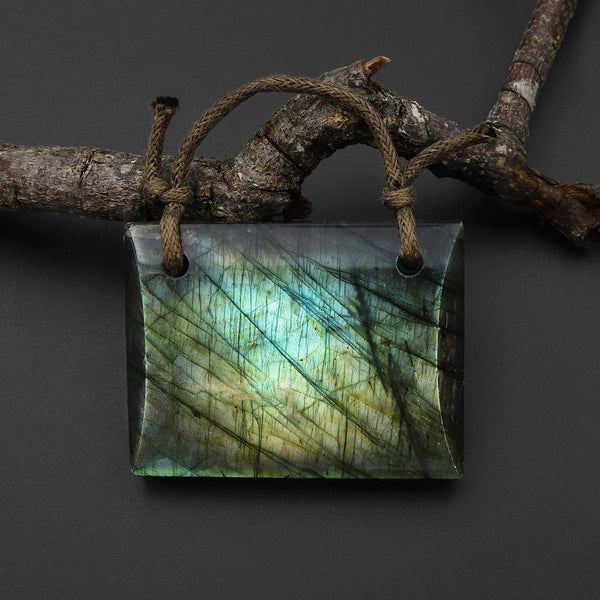 2 Hole Pendant AAA Large Natural Labradorite Rectangle Pendant Nothing But Fire P0299