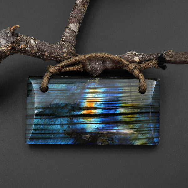 2 Hole Pendant AAA Large Natural Labradorite Rectangle Pendant Nothing But Fire P0305