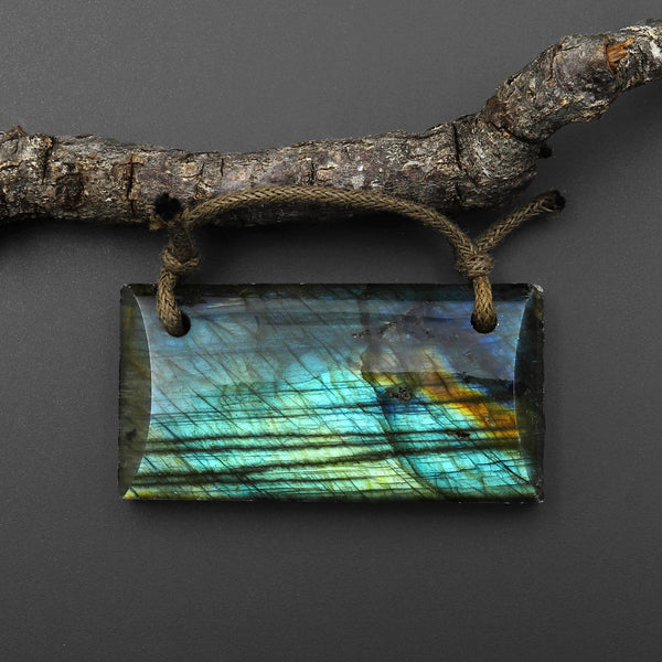 2 Hole Pendant AAA Large Natural Labradorite Rectangle Pendant Nothing But Fire P0308