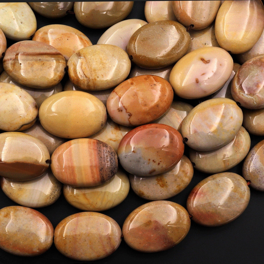 Natural Polychrome Landscape Ocean Jasper Smooth Oval Beads Earthy Yellow Brown Peach 15.5" Strand
