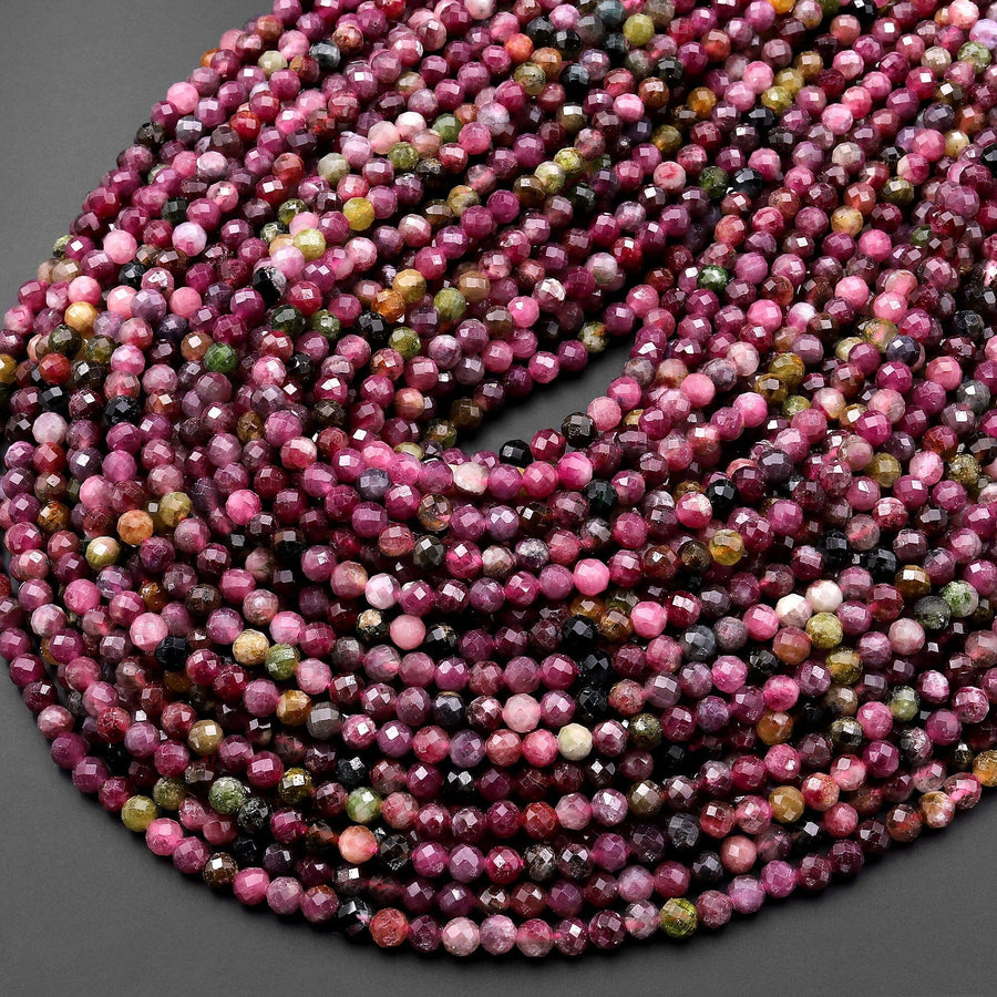 Faceted Natural Red Fuchsia Pink Rubellite Tourmaline 4mm Round Beads Micro Diamond Cut Gemstone 15.5" Strand