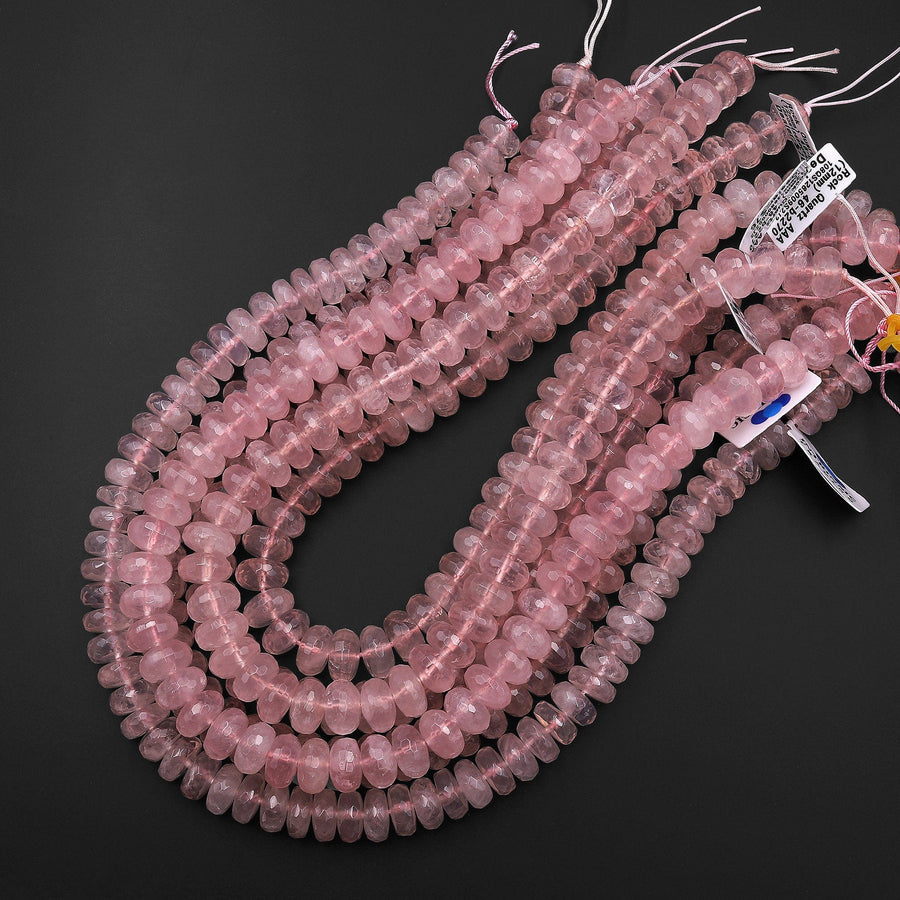 AAA Gem Grade Large Faceted Natural Pink Rose Quartz Rondelle Beads 12mm 15.5" Strand