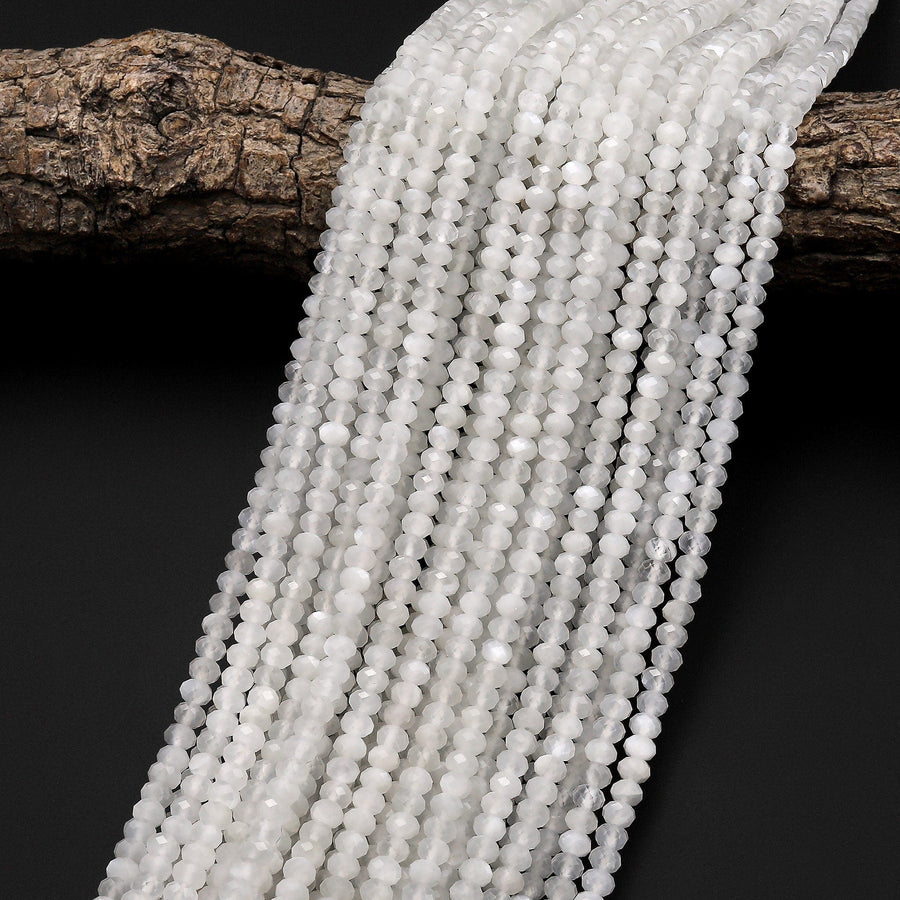 AAA Iridescent Natural Silvery White Moonstone Faceted Rondelle Beads 3mm 4mm Gemstone 15.5" Strand