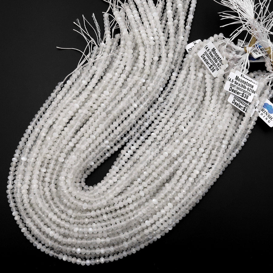 AAA Iridescent Natural Silvery White Moonstone Faceted Rondelle Beads 3mm 4mm Gemstone 15.5" Strand