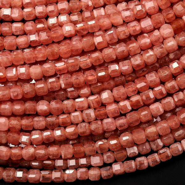 AAA Natural Rhodochrosite Faceted 3mm Cube Square Dice Beads Extra Translucent Gemstone 15.5" Strand