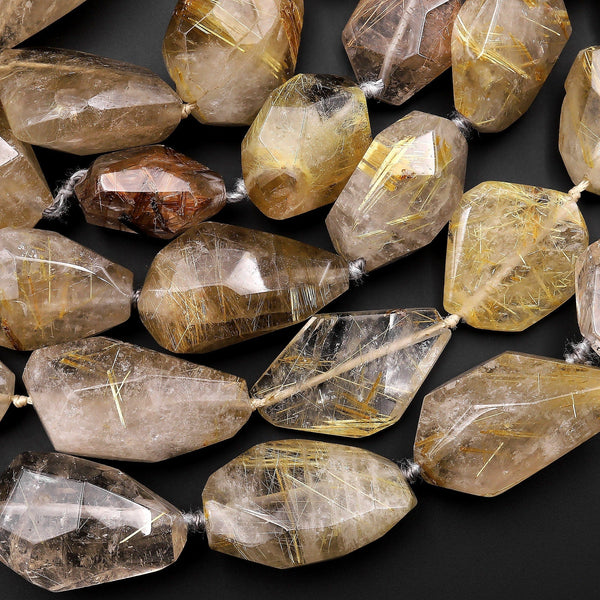 Large Faceted Rutile Quartz Beads Handcut Faceted Nuggets Healing Crystal Gemstone 15.5" Strand
