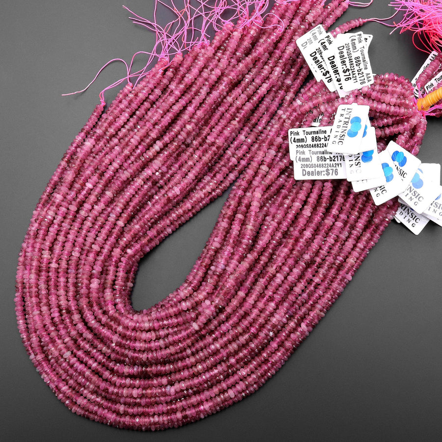 AAA Faceted Natural Pink Tourmaline Thin Rondelle 4mm Beads Diamond Cut Gemstone 15.5" Strand