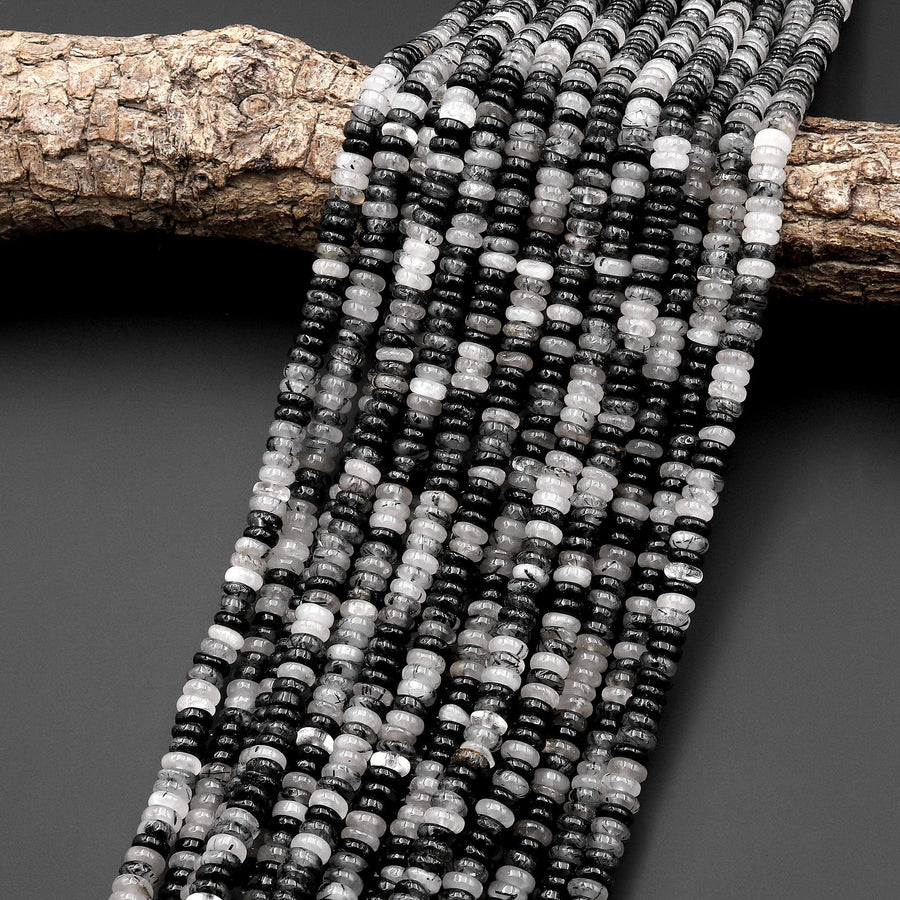 Natural Black Tourmaline Rutilated Quartz Thin Rondelle 6mm Beads 15.5" Strand