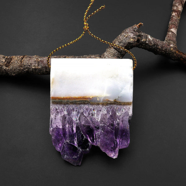 Natural White Purple Amethyst Stalactite Rectangle Pendant Flat Slice Side Drilled Freeform Crystal A1
