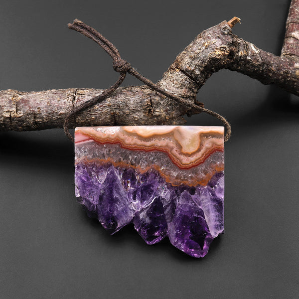 Natural Bright Orange Purple Amethyst Stalactite Crystal Druzy Pendant Side Drilled Flat Rectangle