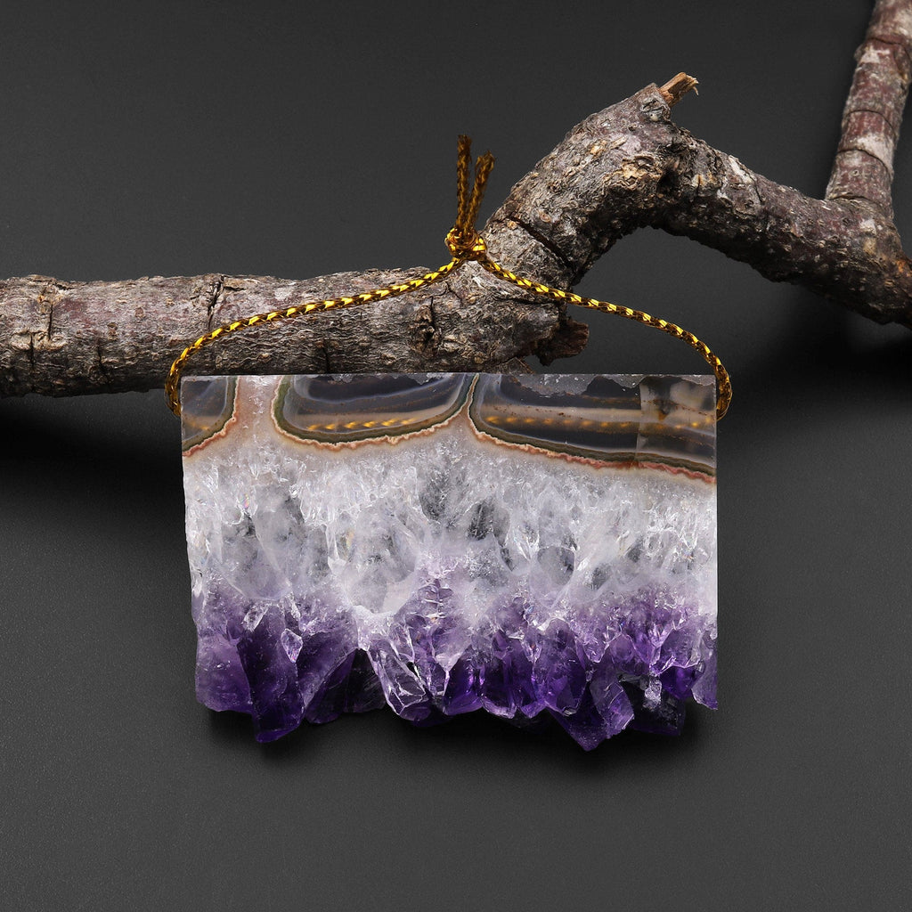 Natural Smoky Quartz White Snow Purple Amethyst Stalactite Druzy Pendant Side Drilled Rectangle