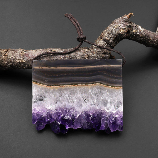 Natural Smoky Quartz White Snow Purple Amethyst Crystal Flower Stalactite Druzy Pendant Side Drilled Rectangle A1