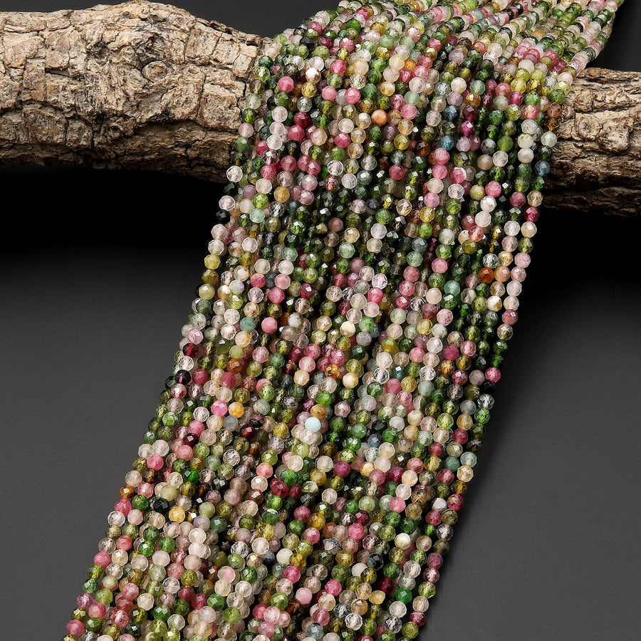 AAA Micro Faceted Natural Multicolor Tourmaline Round Beads 3mm Pink Green Genuine Gemstone 15.5" Strand