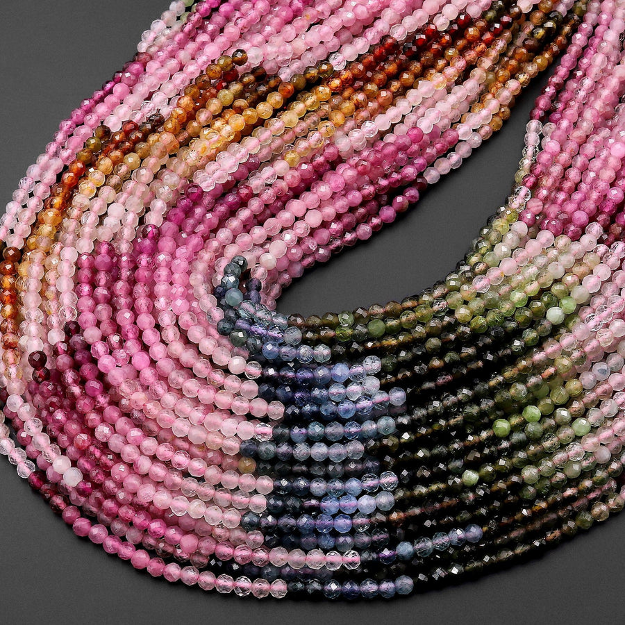 AAA Natural Tourmaline Micro Faceted 3mm Round Multicolor Pink Green Blue Yellow Cognac Gemstone Beads 15.5" Strand