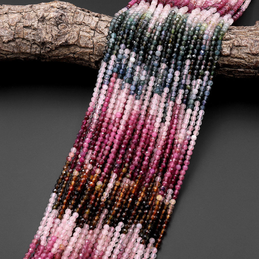 AAA Natural Tourmaline Micro Faceted 3mm Round Multicolor Fuchsia Pink Green Blue Cognac Gemstone Beads 15.5" Strand