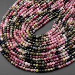 Micro Faceted Natural Multicolor Tourmaline Round Beads 4mm Pink Green 15.5" Strand