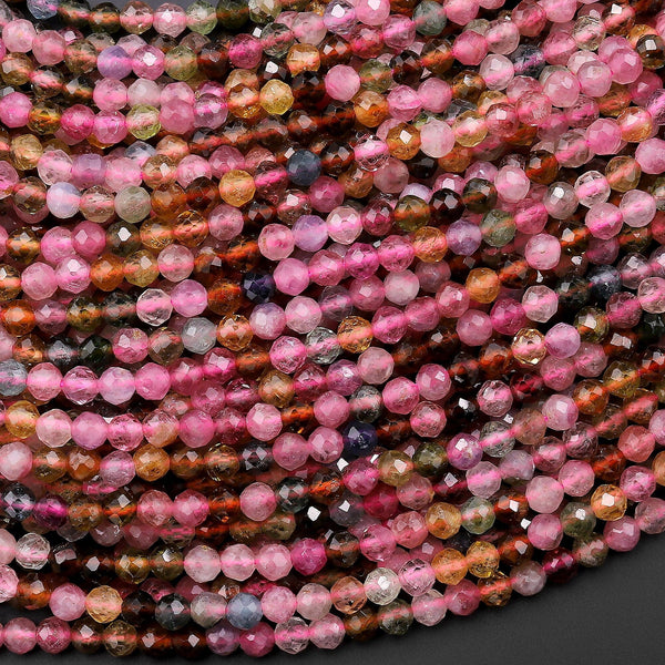 AAA Natural Tourmaline Micro Faceted 3mm Round Multicolor Extra Translucent Gemstone Beads 15.5" Strand