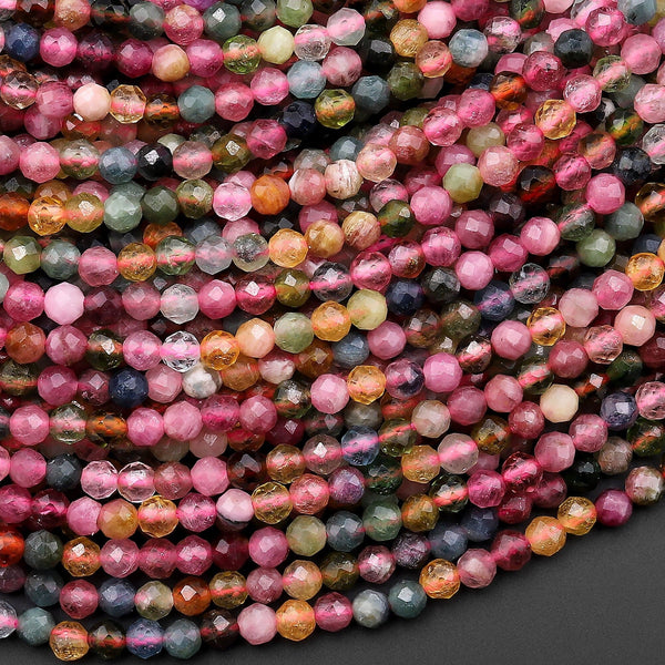 AAA Natural Tourmaline Micro Faceted 3mm Round Multicolor Pink Green Blue Gemstone Beads 15.5" Strand