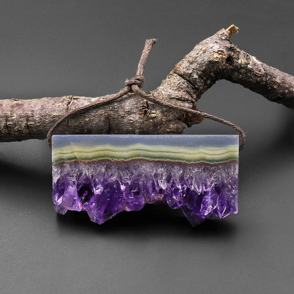 Natural Purple Mint Green Amethyst Stalactite Druzy Pendant Side Drilled Flat Slice Long Rectangle