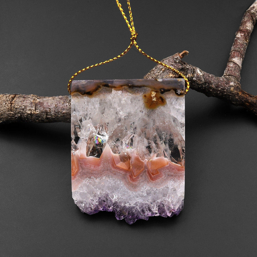 Natural Peach Pink Purple Amethyst Stalactite Druzy Pendant Side Drilled Flat Slice Focal Bead