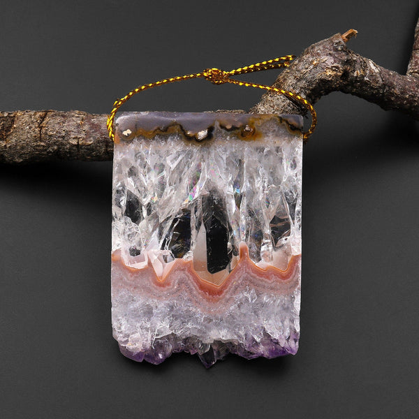 Natural Peach Pink Purple Amethyst Stalactite Druzy Pendant Side Drilled Flat Slice Focal Bead A2