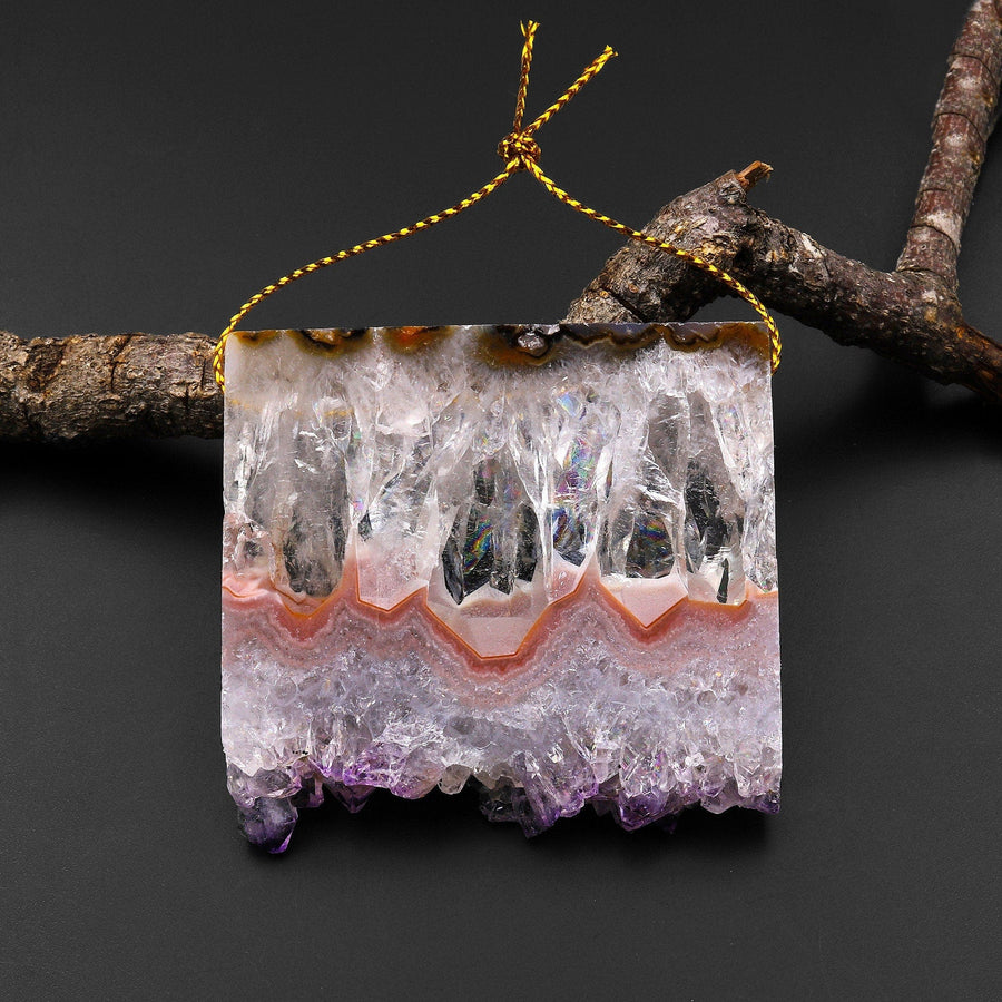 Large Natural Peach Pink Purple Amethyst Stalactite Druzy Pendant Side Drilled Flat Slice Focal Bead A1