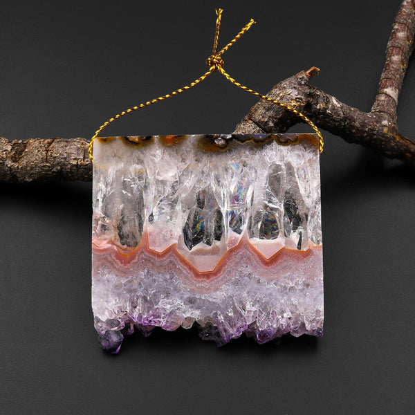 Large Natural Peach Pink Purple Amethyst Stalactite Druzy Pendant Side Drilled Flat Slice Focal Bead