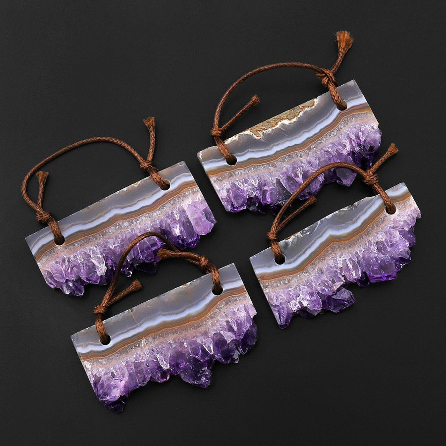 2 Hole Pendant Natural Orange Brown Purple Amethyst Stalactite Druzy Pendant Drilled Flat Slice Long Rectangle