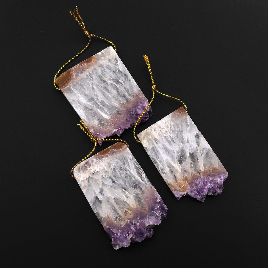 Natural Ice Purple Amethyst Stalactite Druzy Pendant Side Drilled Flat Slice Focal Bead