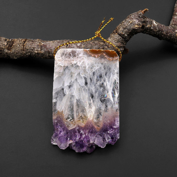 Natural Ice Purple Amethyst Stalactite Druzy Pendant Side Drilled Flat Slice Focal Bead