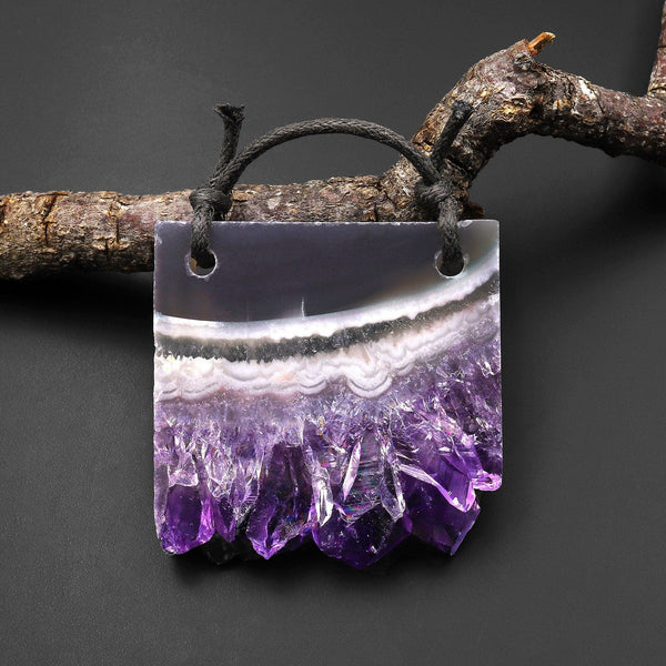 2 Hole Pendant Natural Smoky Quartz White Snow Mountain Purple Amethyst Crystal Flower Stalactite Druzy