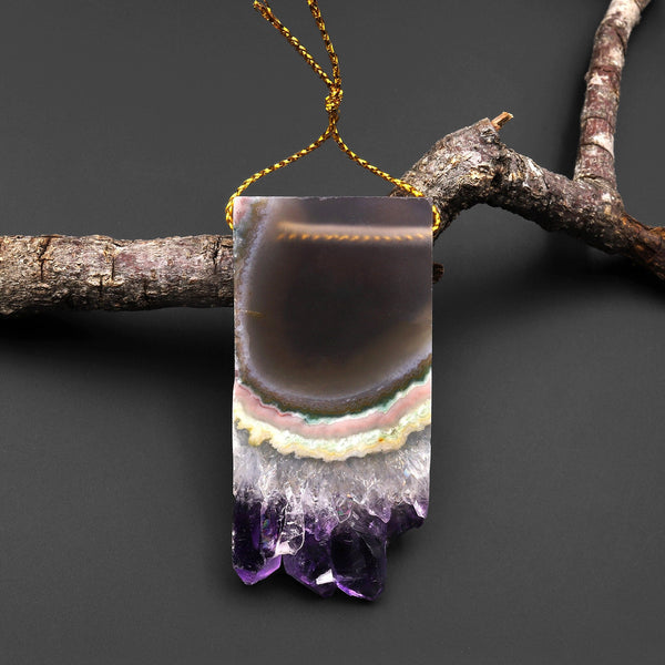 Natural Purple Green Pink Amethyst Stalactite Druzy Pendant Side Drilled Flat Long Rectangle Gemstone