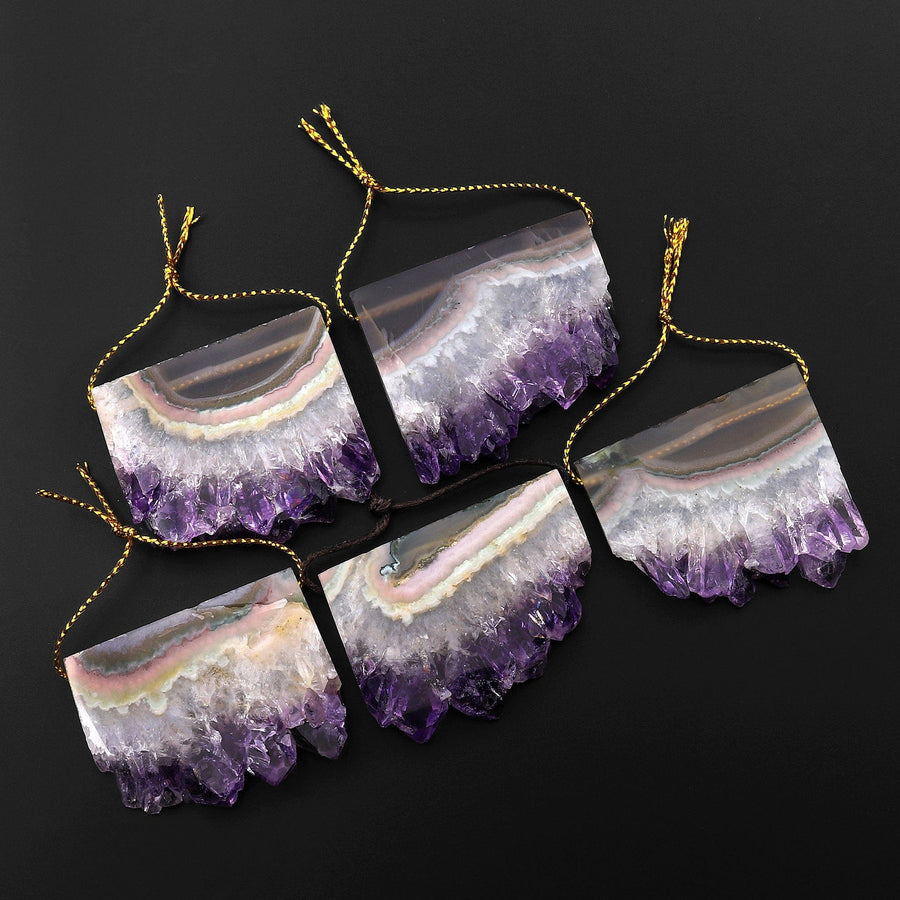 Natural Rainbow Purple Green Pink Amethyst Stalactite Druzy Pendant Side Drilled Flat Slice Long Rectangle