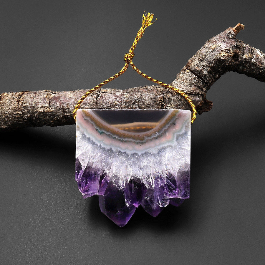 Natural Purple Green Pink Amethyst Stalactite Druzy Pendant Side Drilled Flat Square Gemstone A1