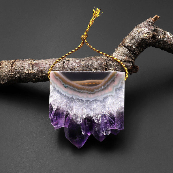 Natural Purple Green Pink Amethyst Stalactite Druzy Pendant Side Drilled Flat Square Gemstone