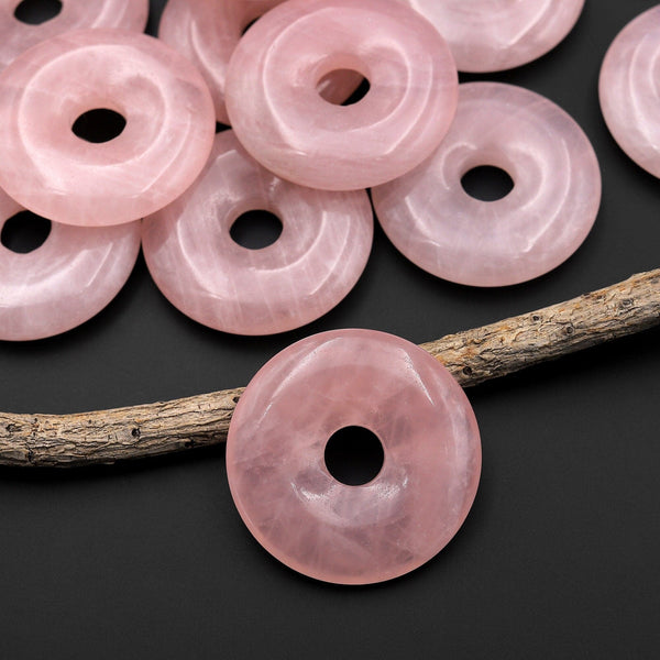 AAA Natural Pink Rose Quartz Donut Pendant Focal Bead 30mm