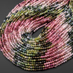 AAA Natural Tourmaline Micro Faceted 3mm 4mm Round Multicolor Pink Green Blue Cognac Gemstone Beads 15.5" Strand