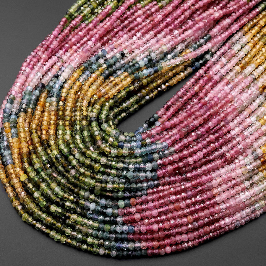 AAA Natural Multicolor Watermelon Tourmaline Micro Faceted 3mm Rondelle Beads Pink Green Blue Cognac Gemstone 15.5" Strand