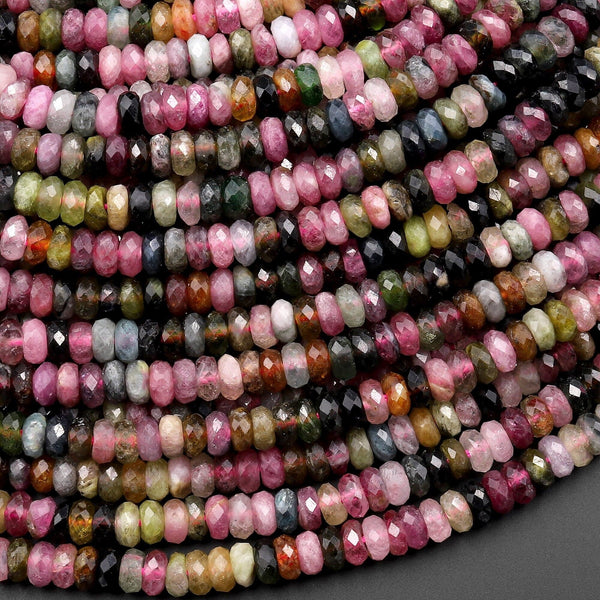 Faceted Natural Watermelon Pink Green Tourmaline Gemstone Thin Rondelle Beads 4mm Gemstone 15.5" Strand