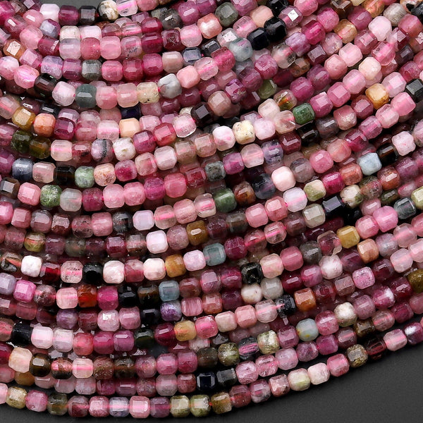 Natural Pink Green Watermelon Tourmaline Faceted 2mm Cube Beads Gemstone 15.5" Strand
