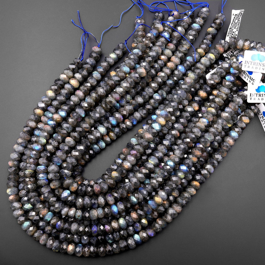 AAA Rare Natural Black Rainbow Blue Golden Purple Red Orange Green Labradorite Faceted 8mm 10mm Rondelle Beads 15.5" Strand