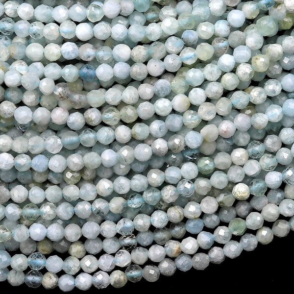 Faceted Natural Blue Green Aquamarine 2mm 3mm Round Beads Micro Laser Diamond Cut Gemstone 15.5" Strand