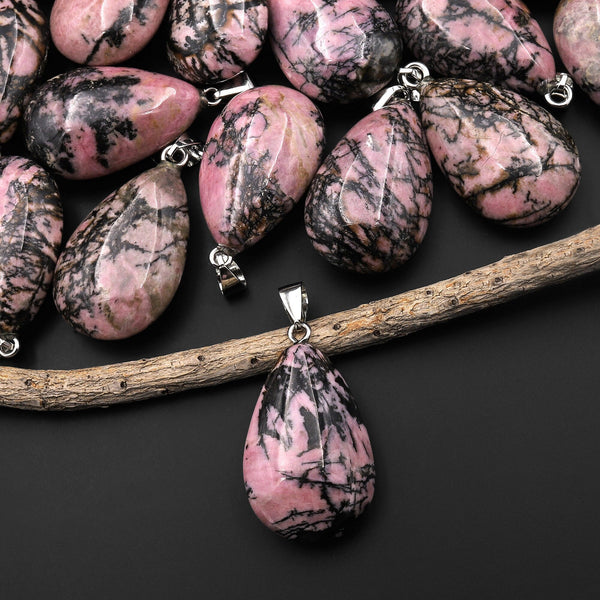 Natural Pink Rhodonite Teardrop Pendant Natural Crystal Focal Bead A1