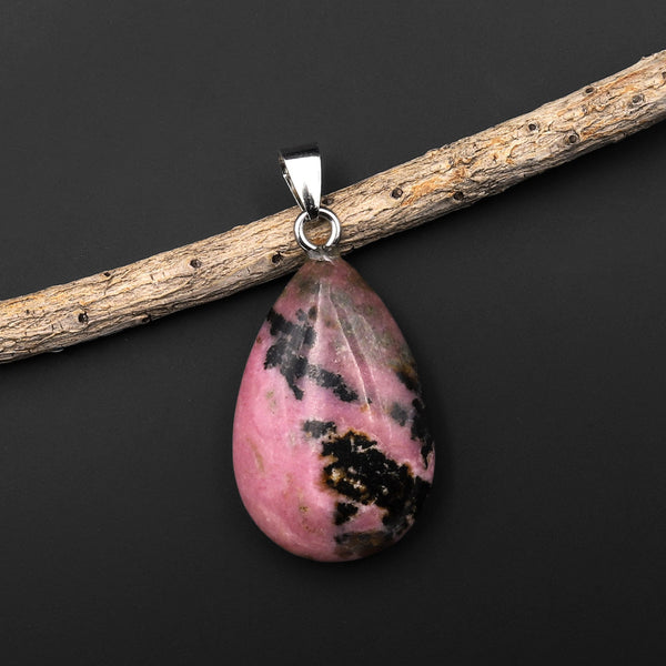 Natural Pink Rhodonite Teardrop Pendant Natural Crystal Focal Bead A4
