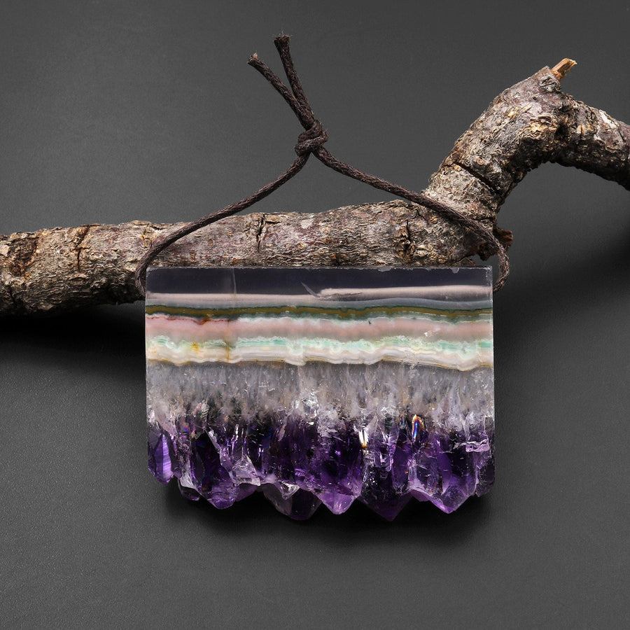 Rare Natural Rainbow Purple Green Pink Amethyst Crystal Stalactite Druzy Pendant Side Drilled Flat Slice Rectangle A1