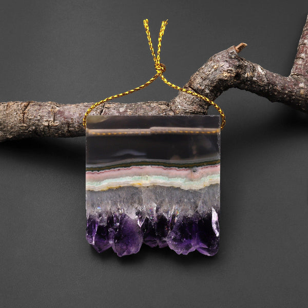 Rare Natural Rainbow Purple Green Pink Amethyst Crystal Stalactite Druzy Pendant Side Drilled Flat Slice A1